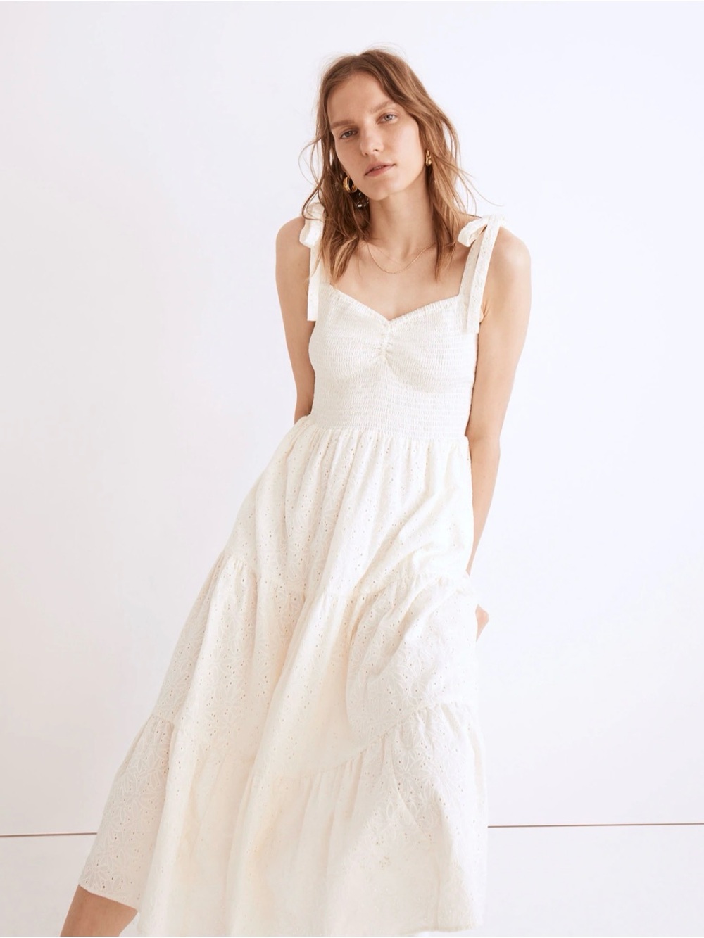 Madewell Cream Smocked Tie-Shoulder Eyelet Maxi Dress